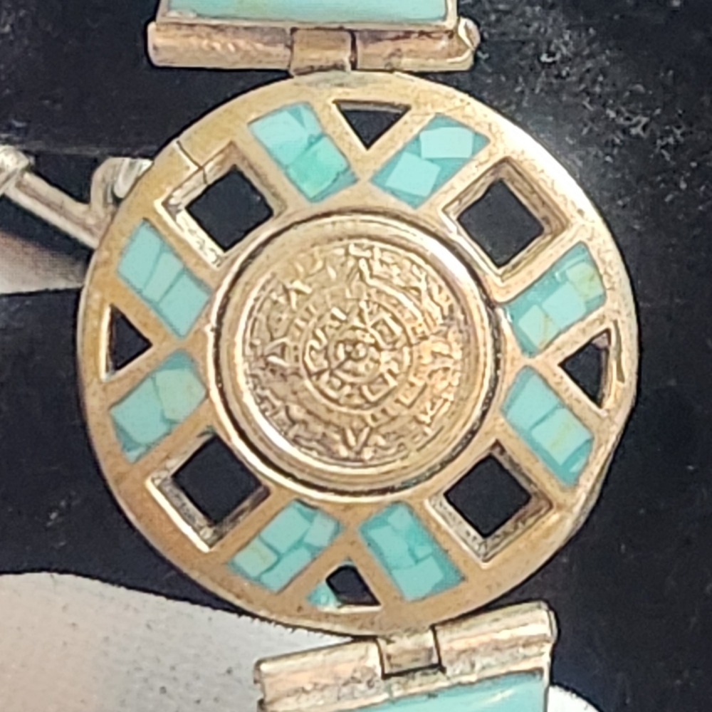Vintage Mexican‎ Silver tone Aztec Calendar Turquoise Inlay Link Bracelet